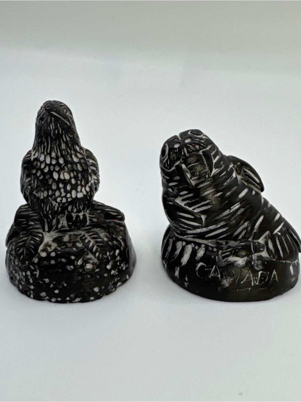 Vintage Canadian Carved Soapstone Figurine Set Eagle & Walrus Signed Canada 1.5"